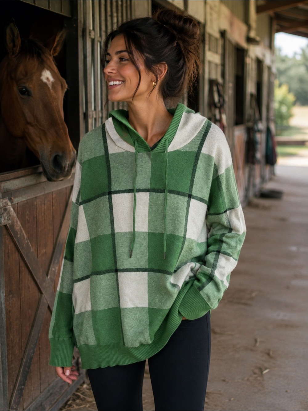 RACHEL Rachel Roy Butter Soft Green and White Plaid Hooded Knit Sweater  1x